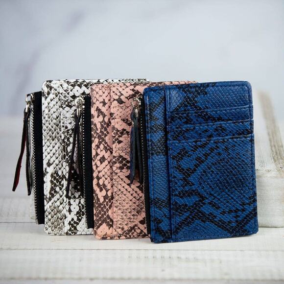 Molly Vegan Leather Snake Print Coin Zipper Tousled Pouch White Black - Picture 8 of 8